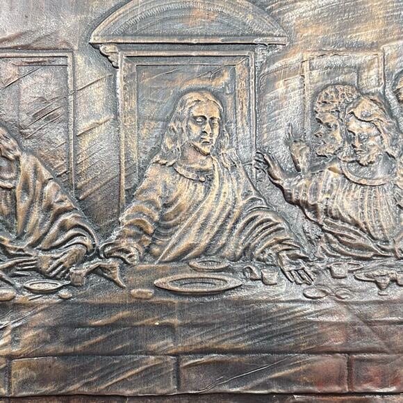 Embossed LAST SUPPER on Copper Tin 20x11 inches Mounted Nailed on Wood Vintage - Picture 12 of 15